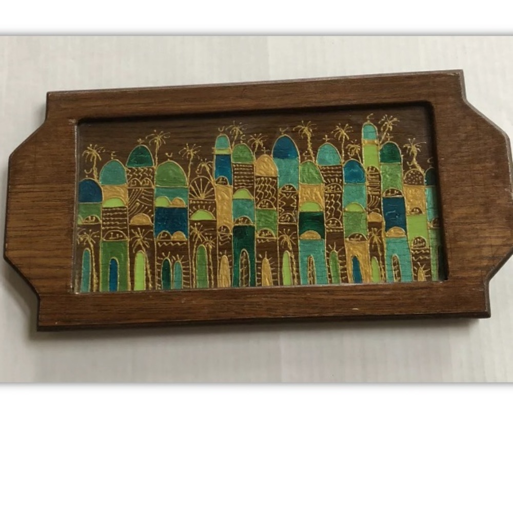 Glass Wood Tray Hand Painted JORDAN - Armenian Hagop Kokozian City Chuch Mosques - Picture 2 of 9
